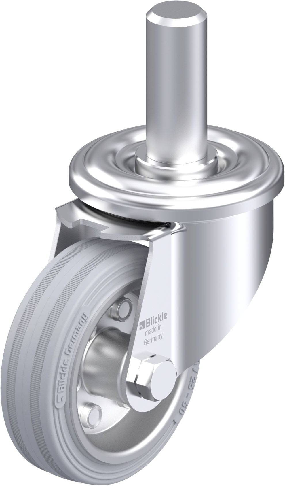 Metallisches Lenkrollenrad mit grauer Gummibereifung, geeignet für Geräte- und Transportwagen, zeigt die Bauweise und Funktionalität.