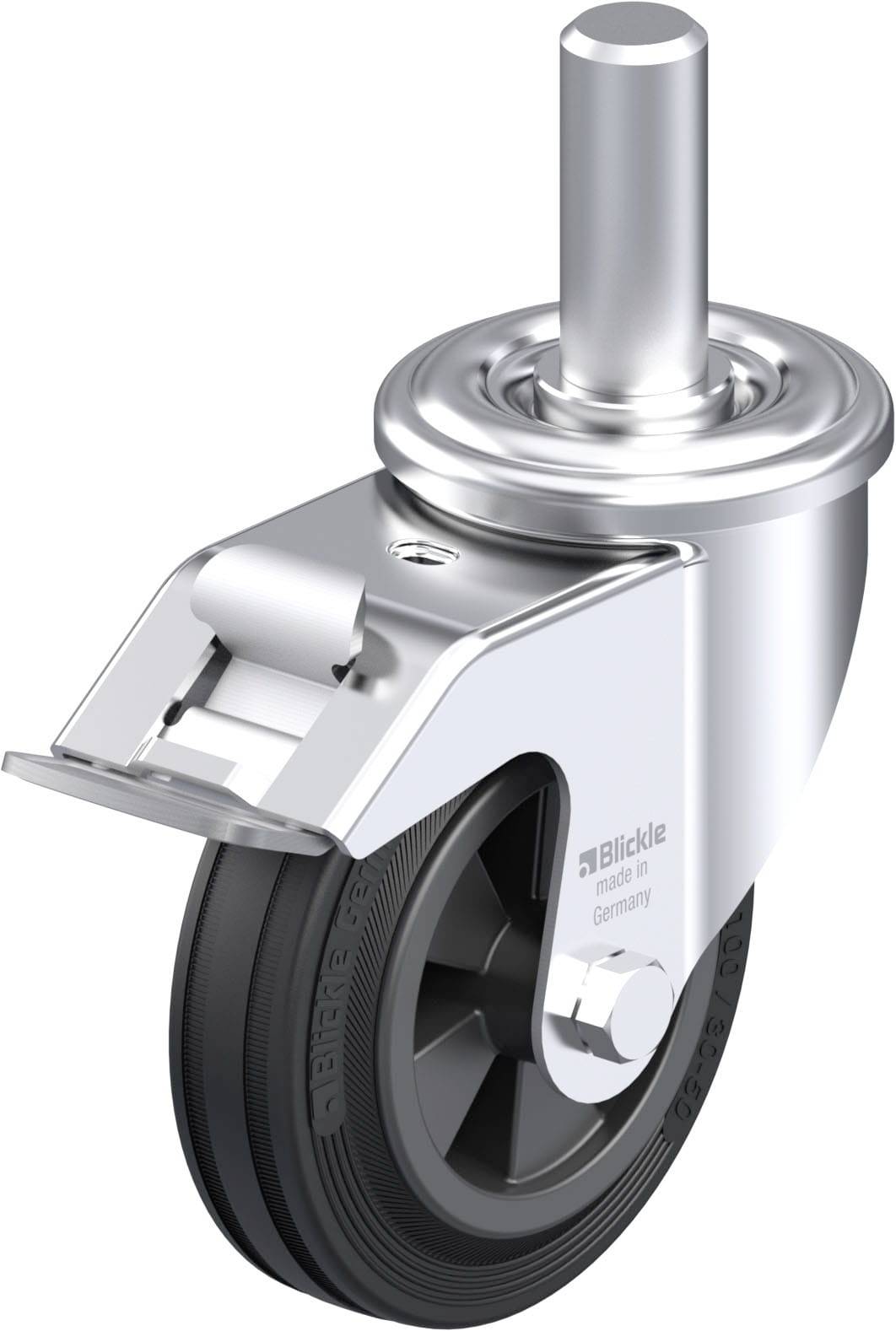 Metallrolle mit schwarzem Rad und Halterung, geeignet für Möbel oder Transportgeräte. Hergestellt in Deutschland von einem bekannten Hersteller.