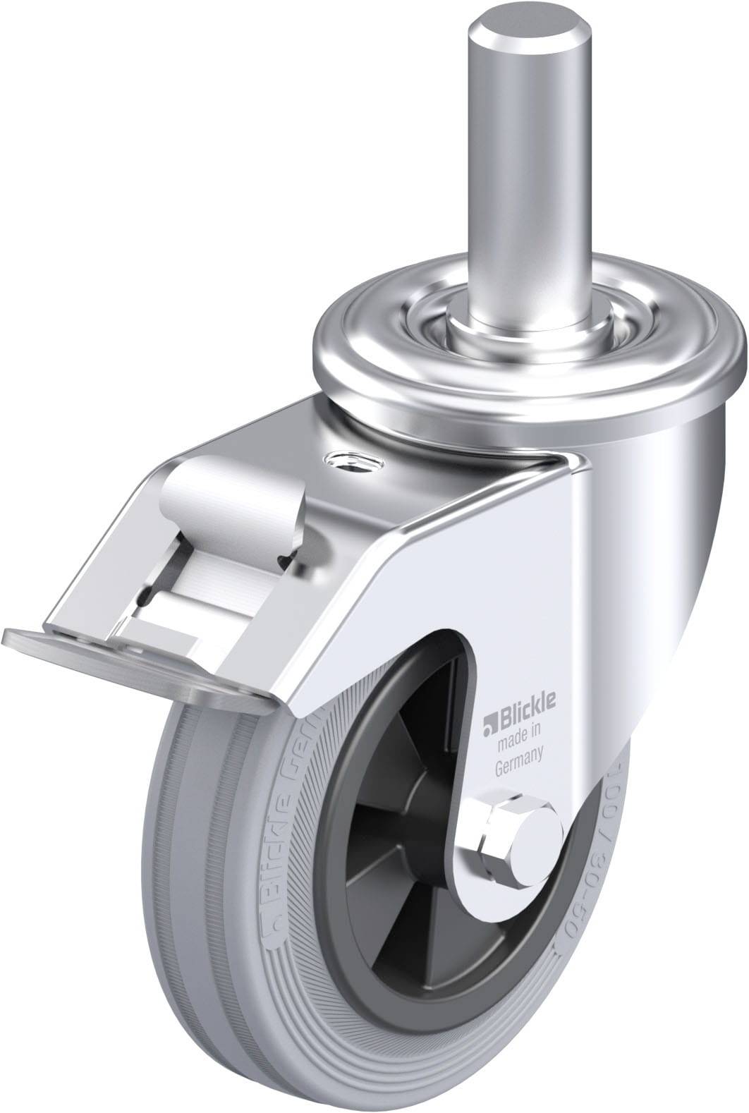 Eine einzelne, silberne Apparaterolle mit grauem Rad, montiert auf einer Metallhalterung, geeignet für den Einsatz an Möbeln oder Geräten.