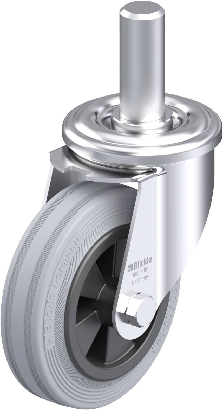 Metallisches Möbelrad mit grauem Gummireifen und Befestigungsstange, geeignet für leichte bis mittlere Lasten.