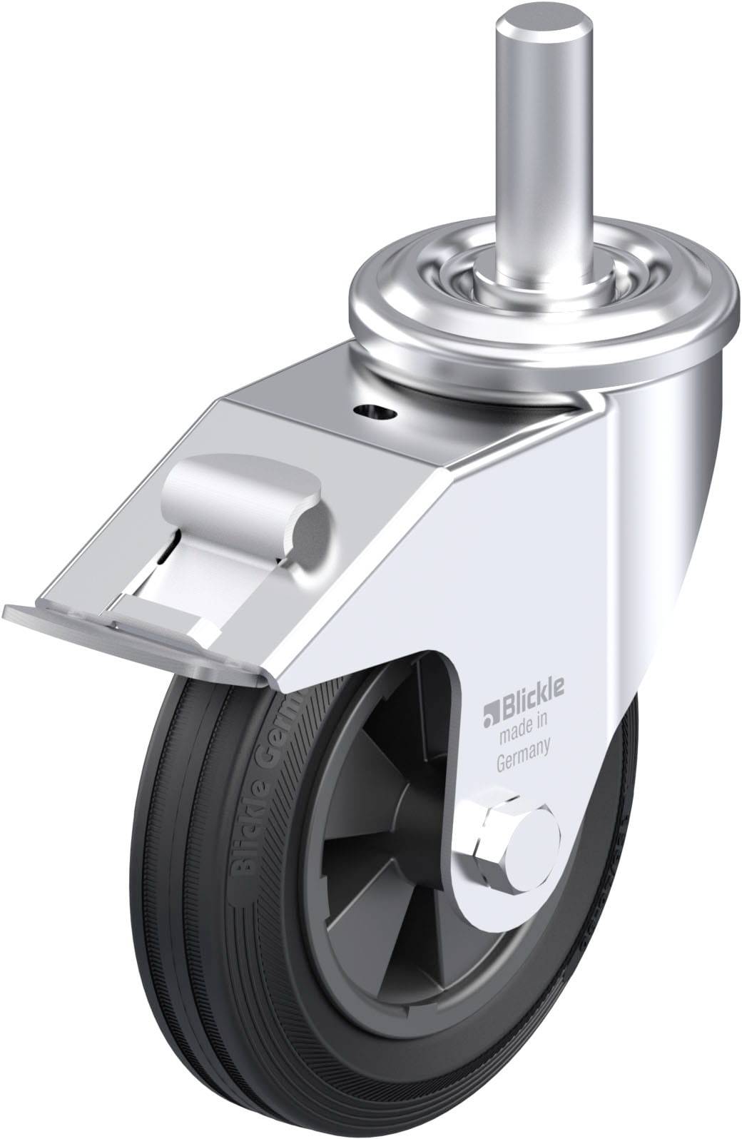 Metallisches Lenkrollenrad mit schwarzem Gummi und Kugellager, geeignet für den Transport in Industriebereichen.