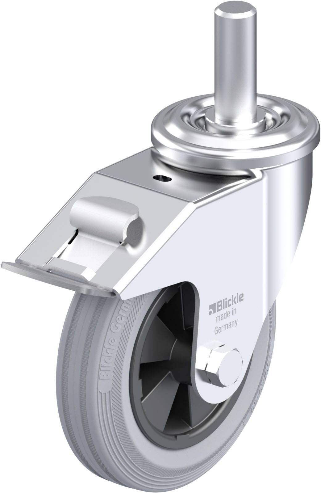 Metallrolle mit grau-schwarzem Rad und drehbarem Gehäuse. Dient als Lenkrolle für Möbel oder industrielle Anwendungen.