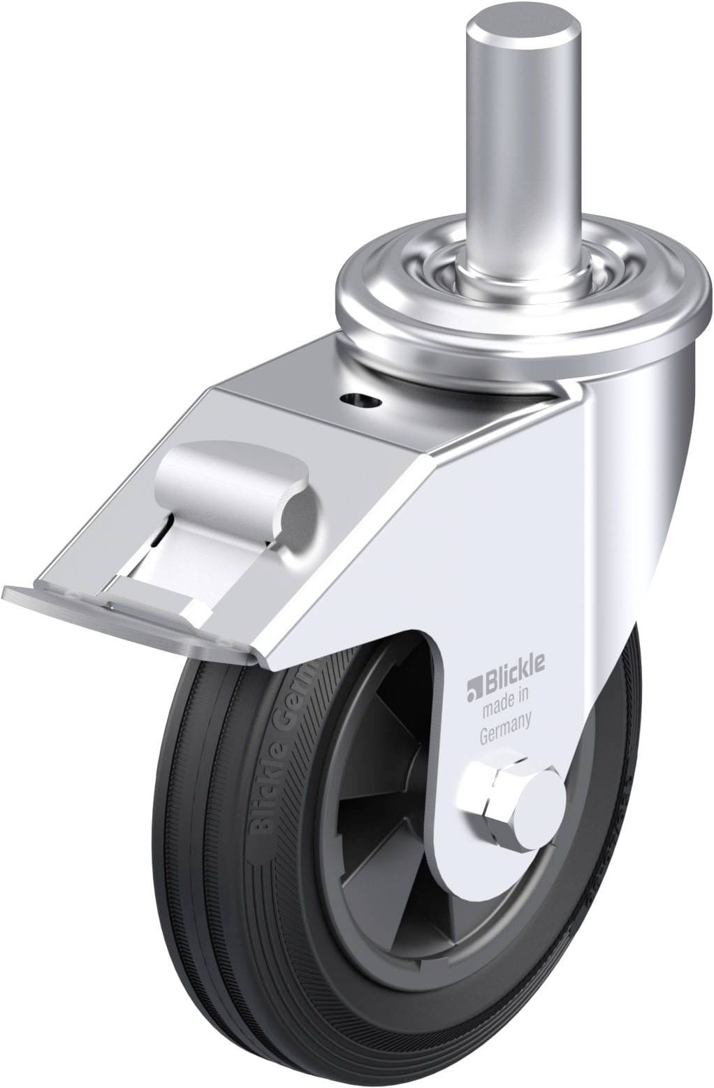 Metallisches Lenkrolle mit schwarzem Rad und Haltewinkel. Aufschrift 'Blickle made in Germany'. Geeignet für Möbel oder Transportgeräte.