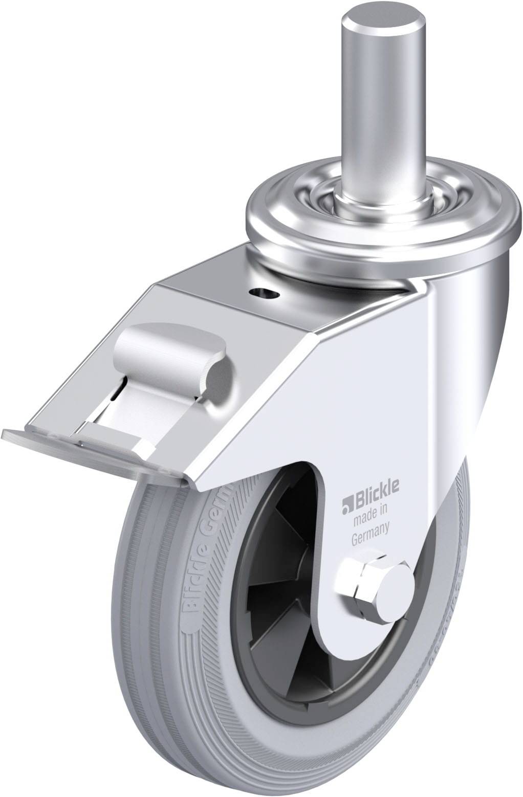 Eine silberne Lenkrolle mit grauem Rad und Halterung, auf der 'blickle made in Germany' steht. Geeignet für die Montage an Möbeln oder Geräten.