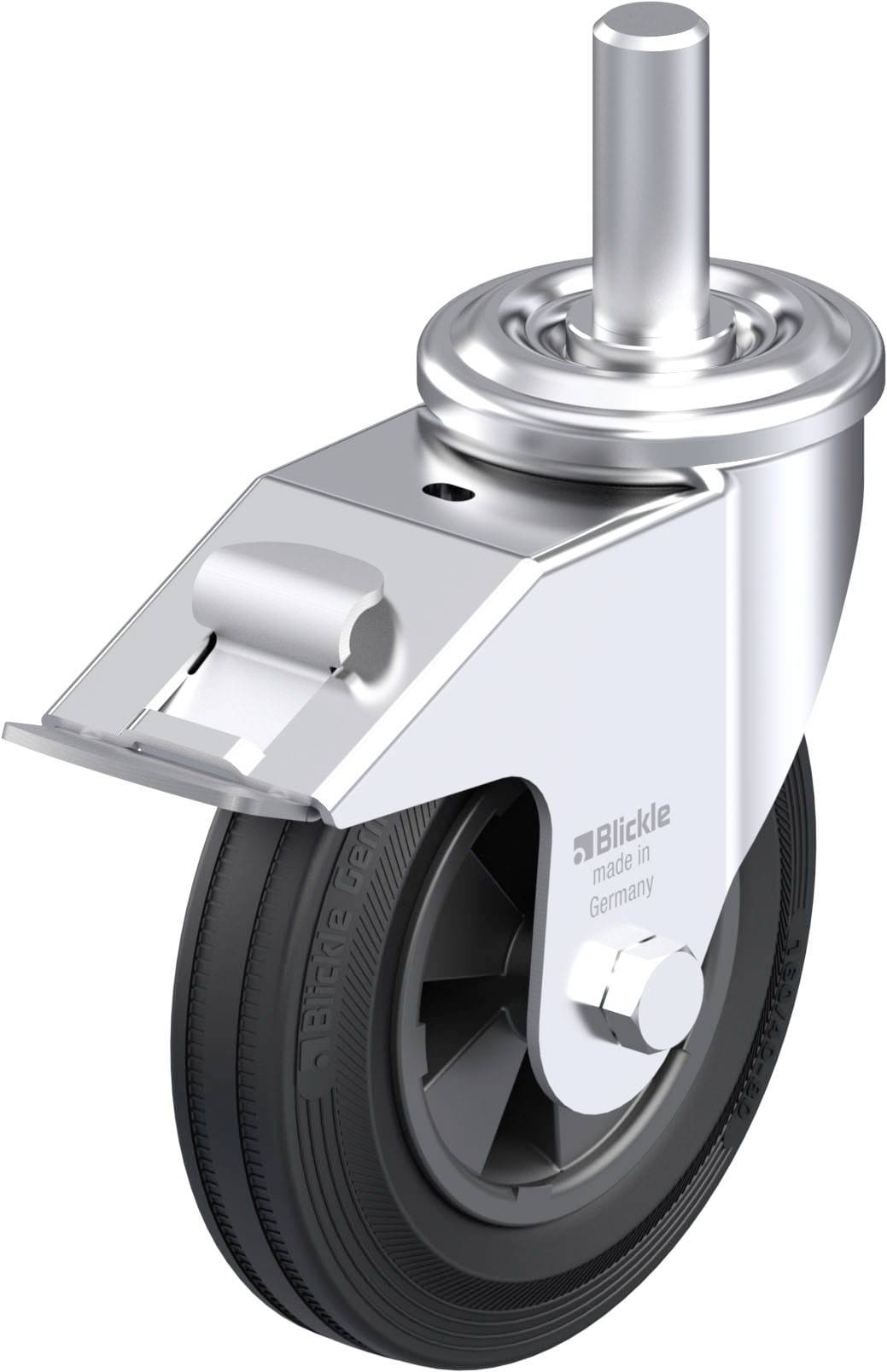Industrie-Lenkrad mit Metallgehäuse und schwarzem Rad, geeignet für schwere Anwendungen. Das Rad ist mit 'Blickle made in Germany' gekennzeichnet.