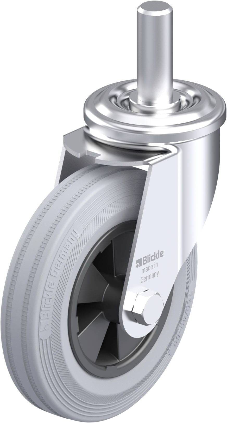 'Blickle' Lenkradrolle aus Metall mit grauem Rad. Oben ist eine Befestigungsstange sichtbar. Hergestellt in Deutschland.