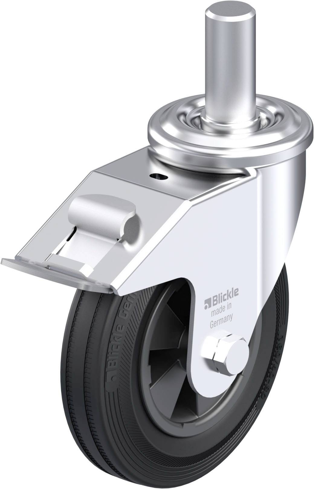 Eine silberne Lenkrolle aus Metall mit schwarzem Rad, geeignet für Maschinen oder Möbel.