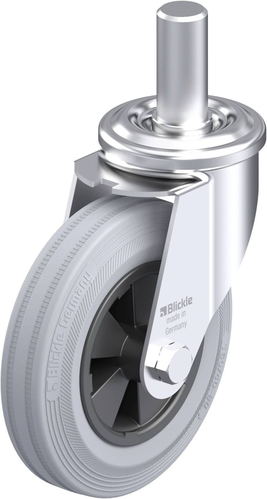 Ein Dreh-Gehäuserad von Blickle, silbern, mit grauem Gummirad und schwarzer Felge. Text 'Blickle made in Germany' auf der Seitenwand.