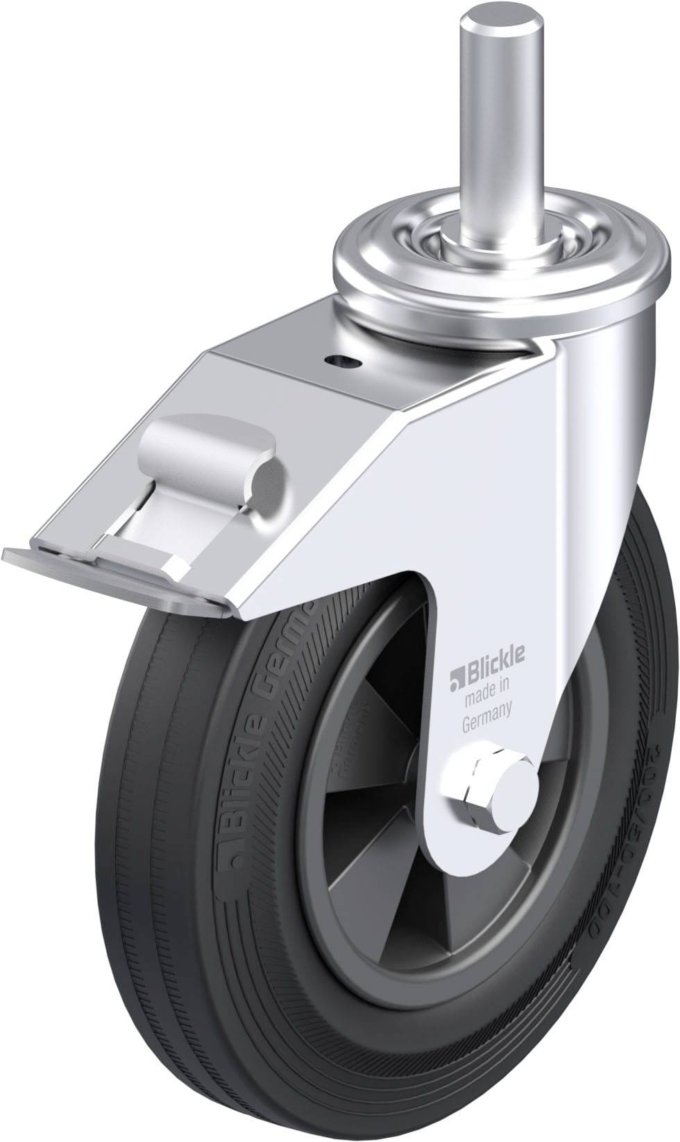 Metallisches Schwenkgehäuse-Rad mit schwarzem Gummi und Stiftaufnahme. Markenname und Herkunft aus Deutschland auf Gehäuse.