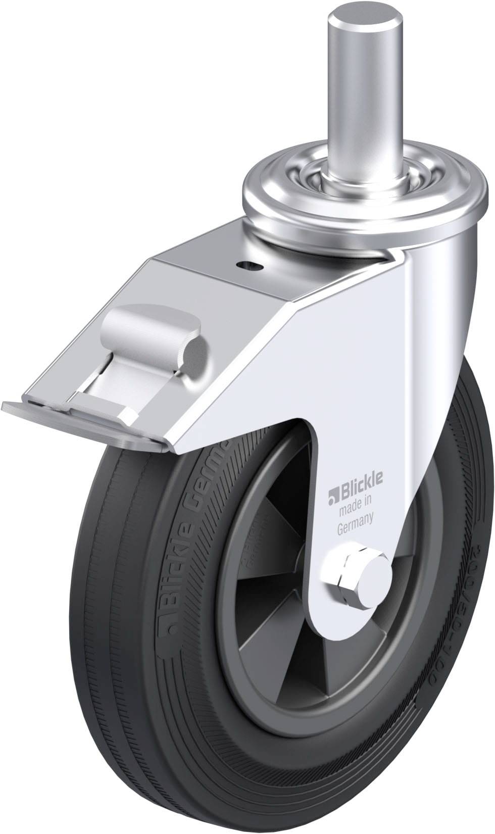 Metallisches Schwenkrad mit schwarzem Gummirad und Befestigungsbolzen, geeignet für mobile Anwendungen und Möbel.