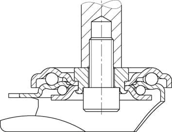 Ein technisches Diagramm eines Kugellagers mit Querschnittsansicht, zeigt Lagerkugeln und Wellenposition in einem mechanischen Aufbau.