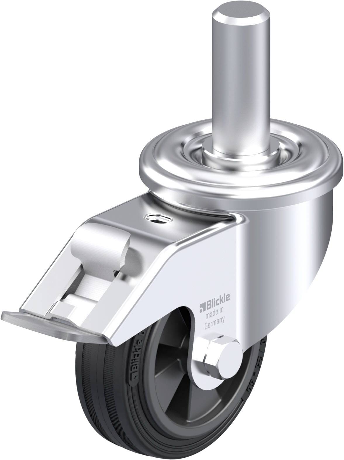 Ein einzelnes silbernes Rad mit schwarzem Gummi und festem Metallgehäuse, geeignet für die Montage an Möbeln oder Geräten.