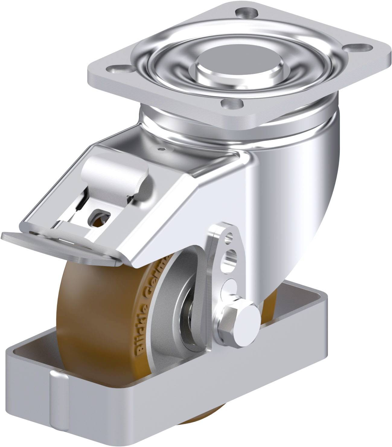 Rollenlager aus Metall mit braunem Rad, geeignet für Möbel oder Industrieanwendungen. Das Rad ist drehbar für einfache Bewegung.