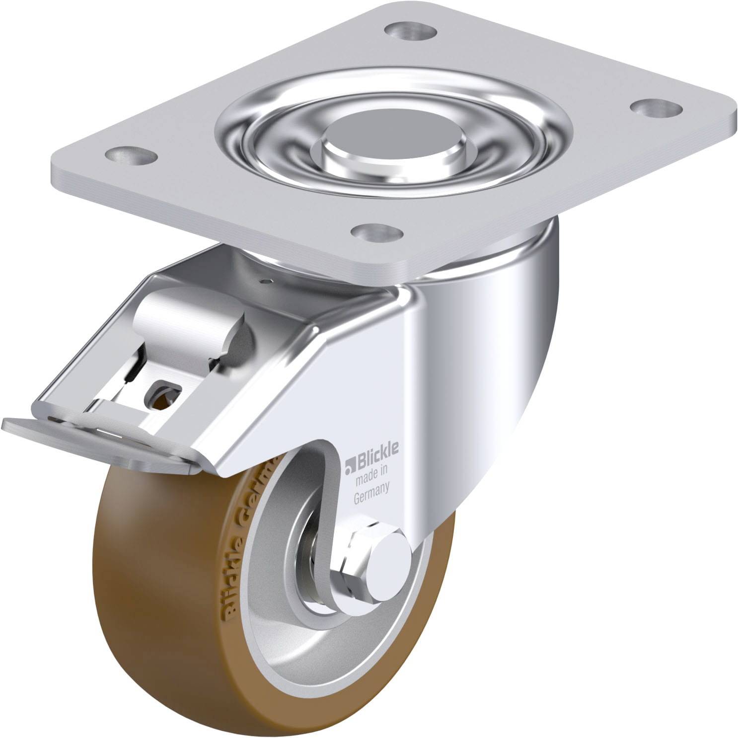 Schwenkrolle aus Metall mit braunem Rad. Sie hat eine obere Befestigungsplatte und ein drehbares Lager für vielseitige Bewegungen.