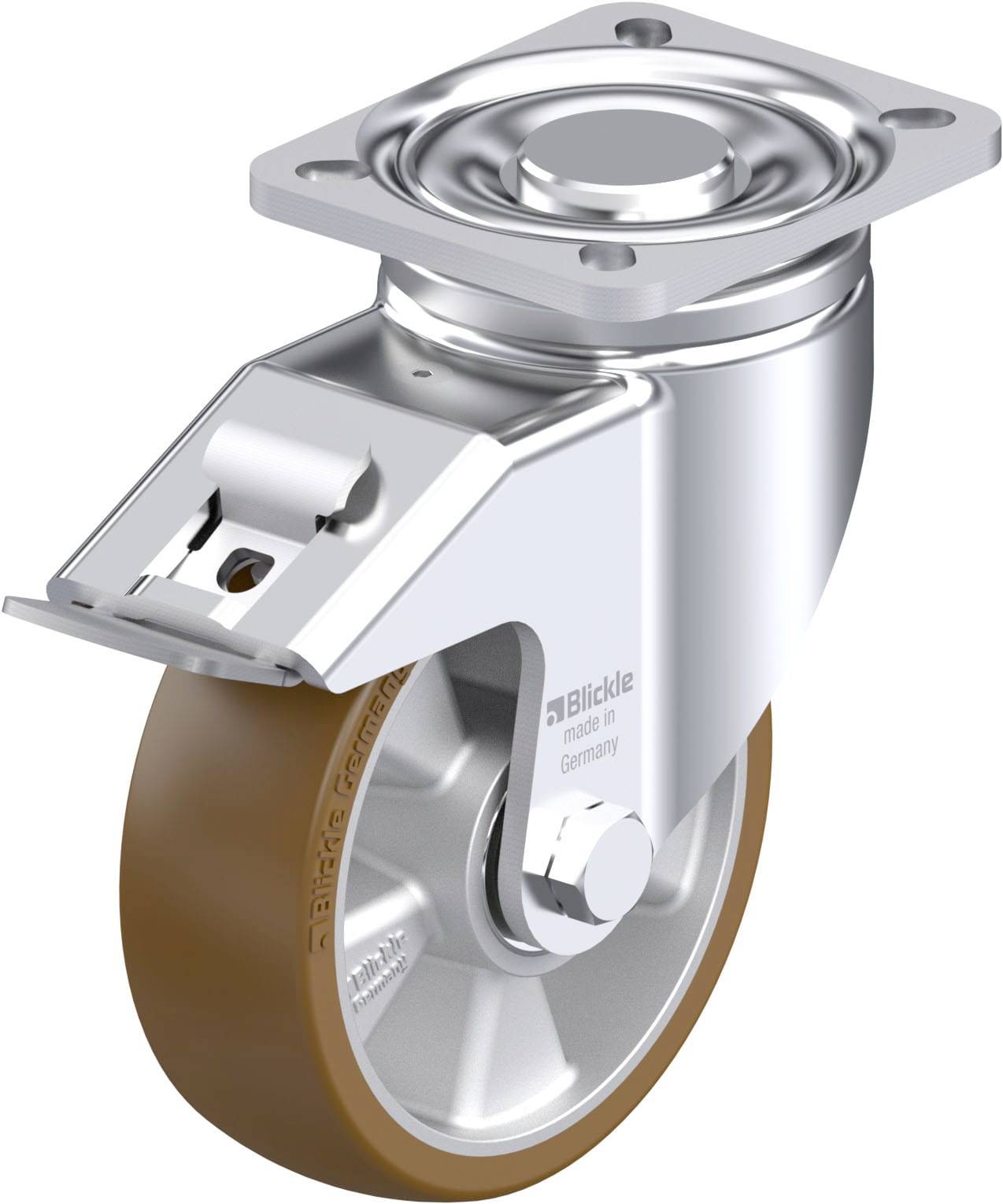 Schwenkrolle aus Metall mit braunem Rad und Montagesockel, geeignet für Möbel oder Industrieanwendungen.