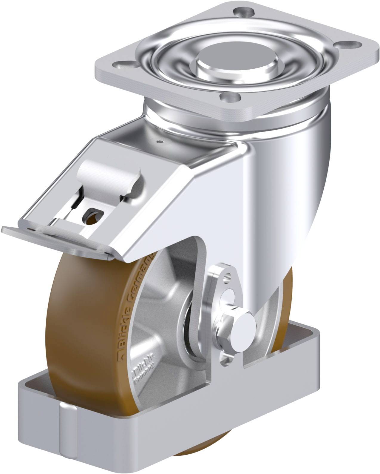 Metallisches, drehbares Rad mit braunem Reifen und Halterung, vermutlich für Möbel oder Geräte, ermöglicht Bewegung in alle Richtungen.