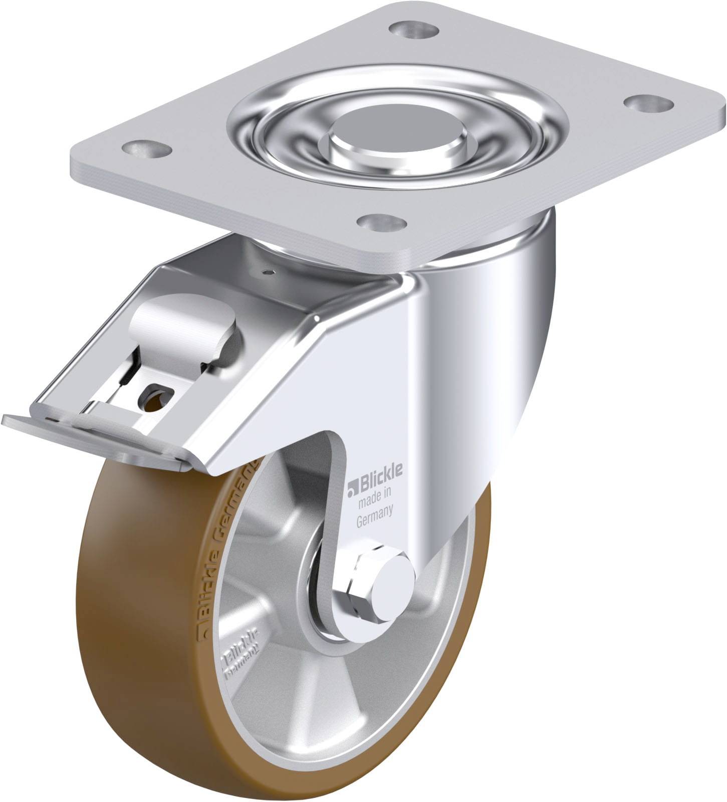 Industrielle Apparaterolle mit drehbarem Metallgehäuse und braunem Rad, geeignet für den Einsatz an Maschinen oder Möbeln.