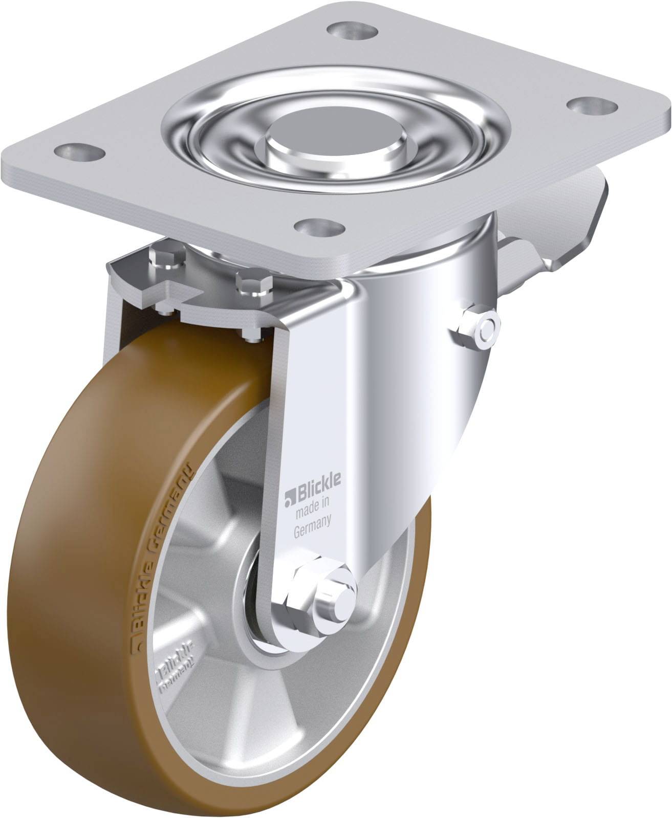 Schwenkrolle mit braunem Rad, silbernem Metallgehäuse und Befestigungsplatte. Rad für Möbel oder industrielle Anwendungen geeignet.