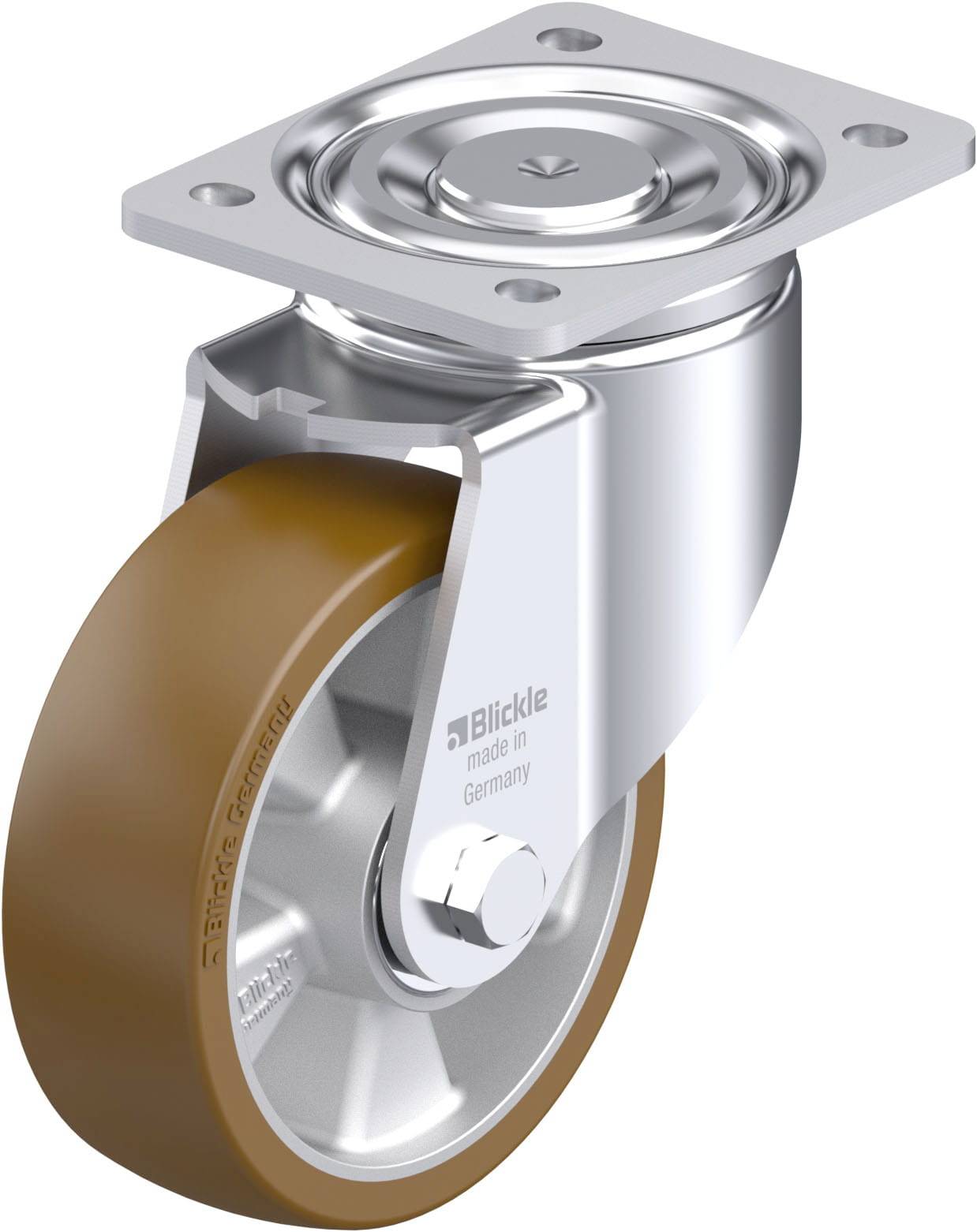 Metalllenkrolle mit braunem Polyurethan-Rad, Befestigungsplatte oben. Text auf Rolle: 'Blickle made in Germany'.