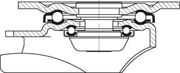 Querschnittszeichnung eines Kugellagersystems mit mehreren Lagerkomponenten, Dichtungen und Gehäuseelementen.
