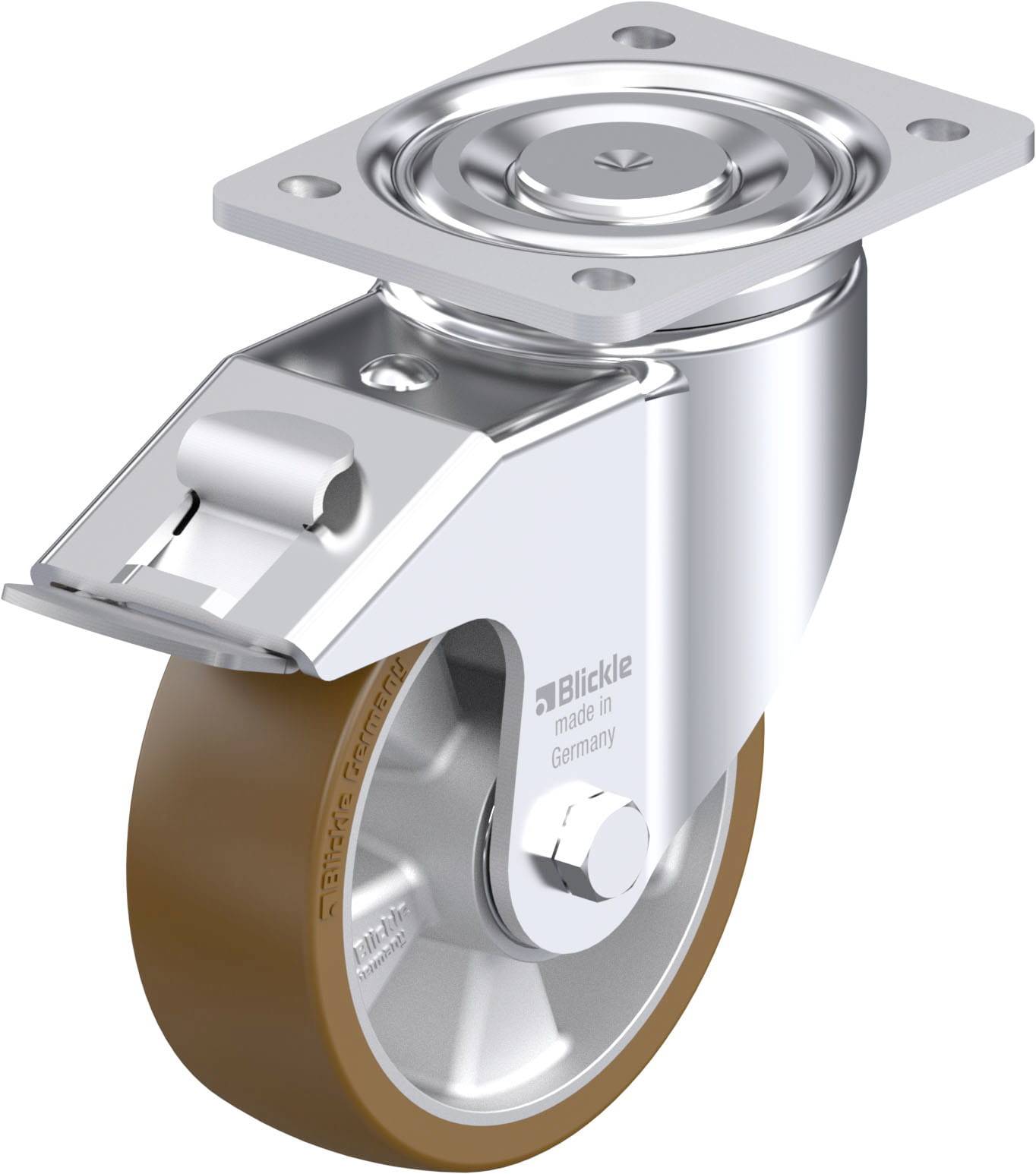 Metallrolle mit braunem Rad und Befestigungsplatte, designed für industrielle Anwendungen; Aufschrift 'Blickle made in Germany'.