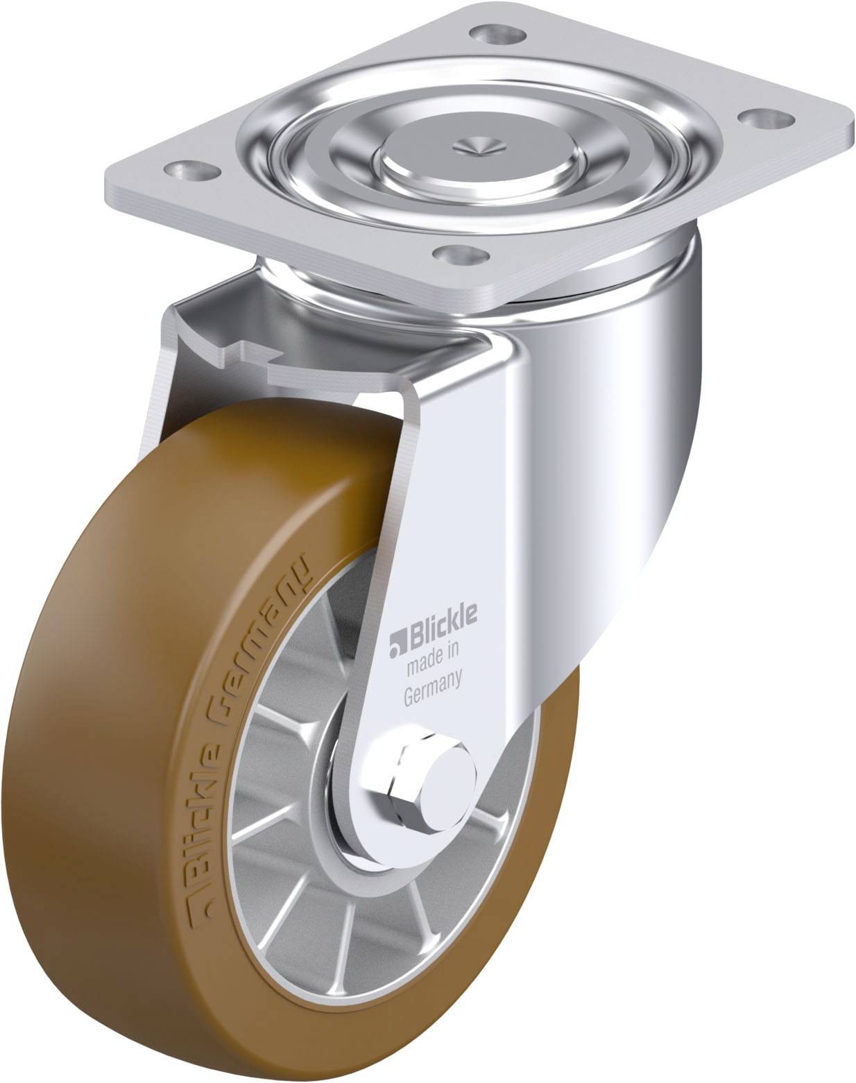 Schwenkrolle mit braunem Rad und silbernem Gehäuse. Aufschrift: 'Blickle made in Germany'. Typisches Transportrolle-Design.