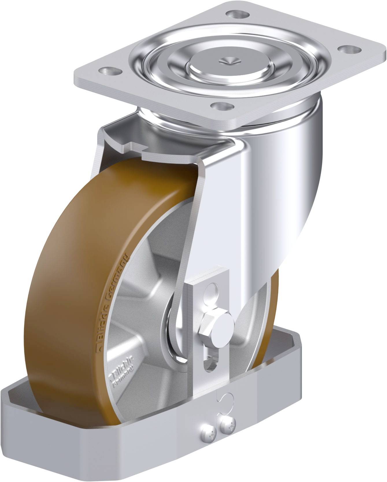 Ein drehbares Transportrollenrad mit einem braunen Rad und einer silbernen Halterung, geeignet für Möbel oder Industrieanwendungen.