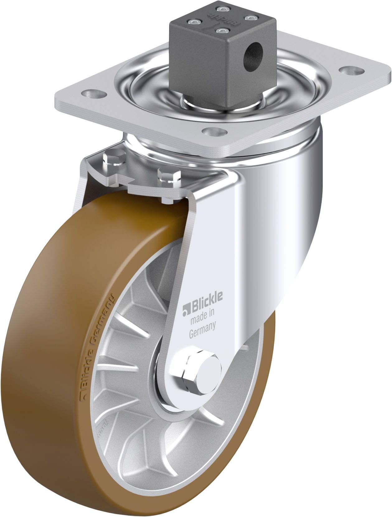 Lenkrolle mit braunem Rad, silbernem Gehäuse und einem Befestigungsstück aus Metall. Aufschrift 'Blickle made in Germany'.