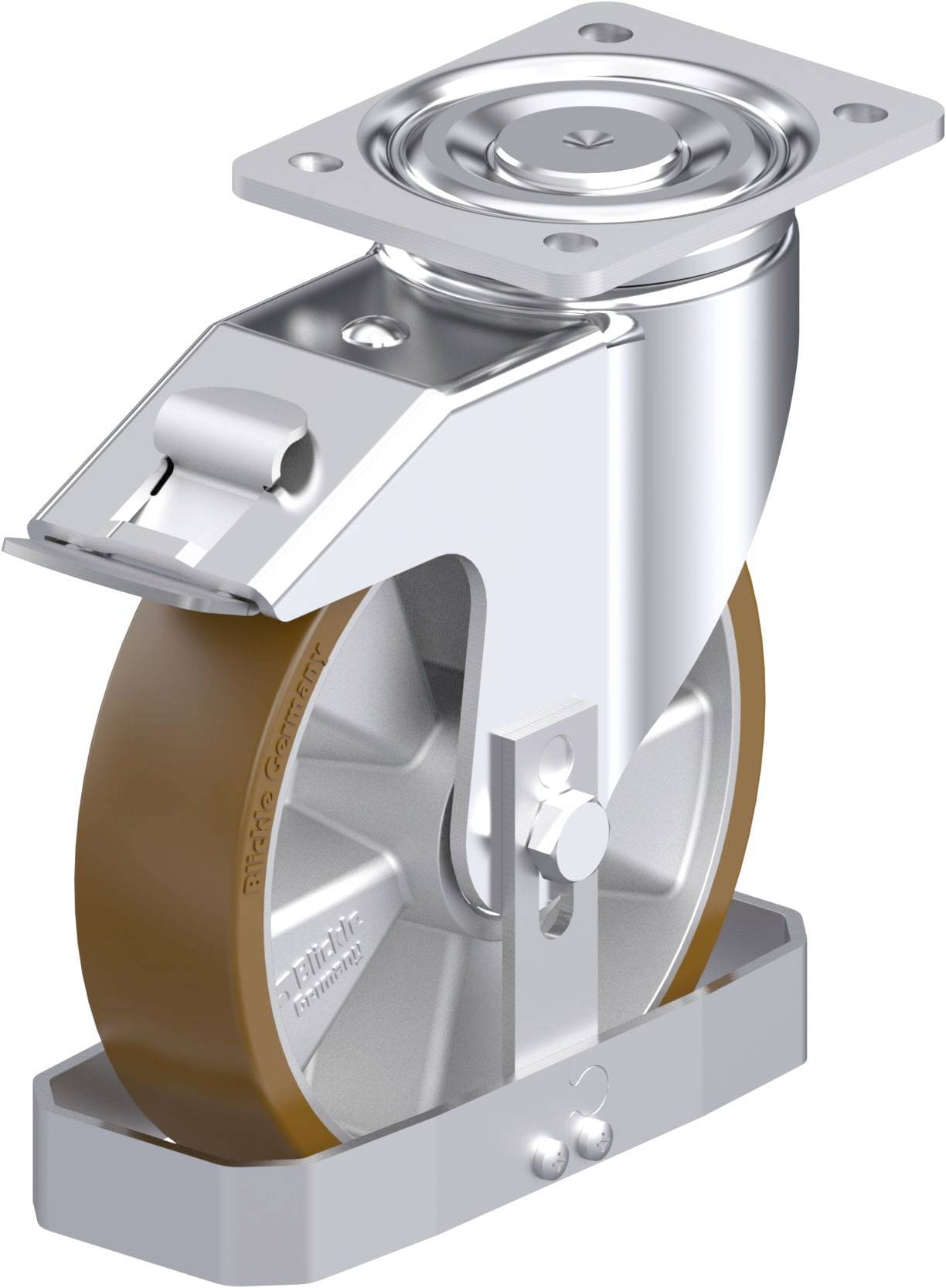 Industrie-Lenkrolle aus Metall mit grauem Rad und brauner Gummibereifung, drehbare Montageplatte oben, für Schwerlastanwendungen.