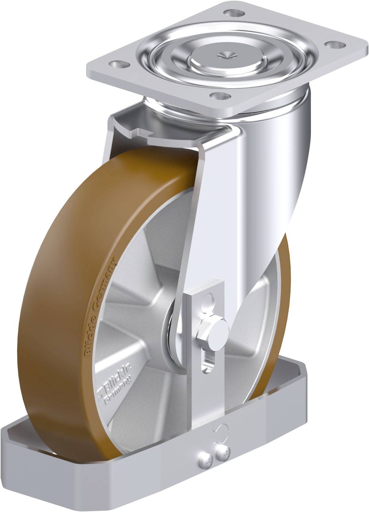 Ein Schwenkrollenrad mit braunem Reifen in einem silbernen Gehäuse. Es ist für Industriemaschinen oder Transportwagen geeignet.