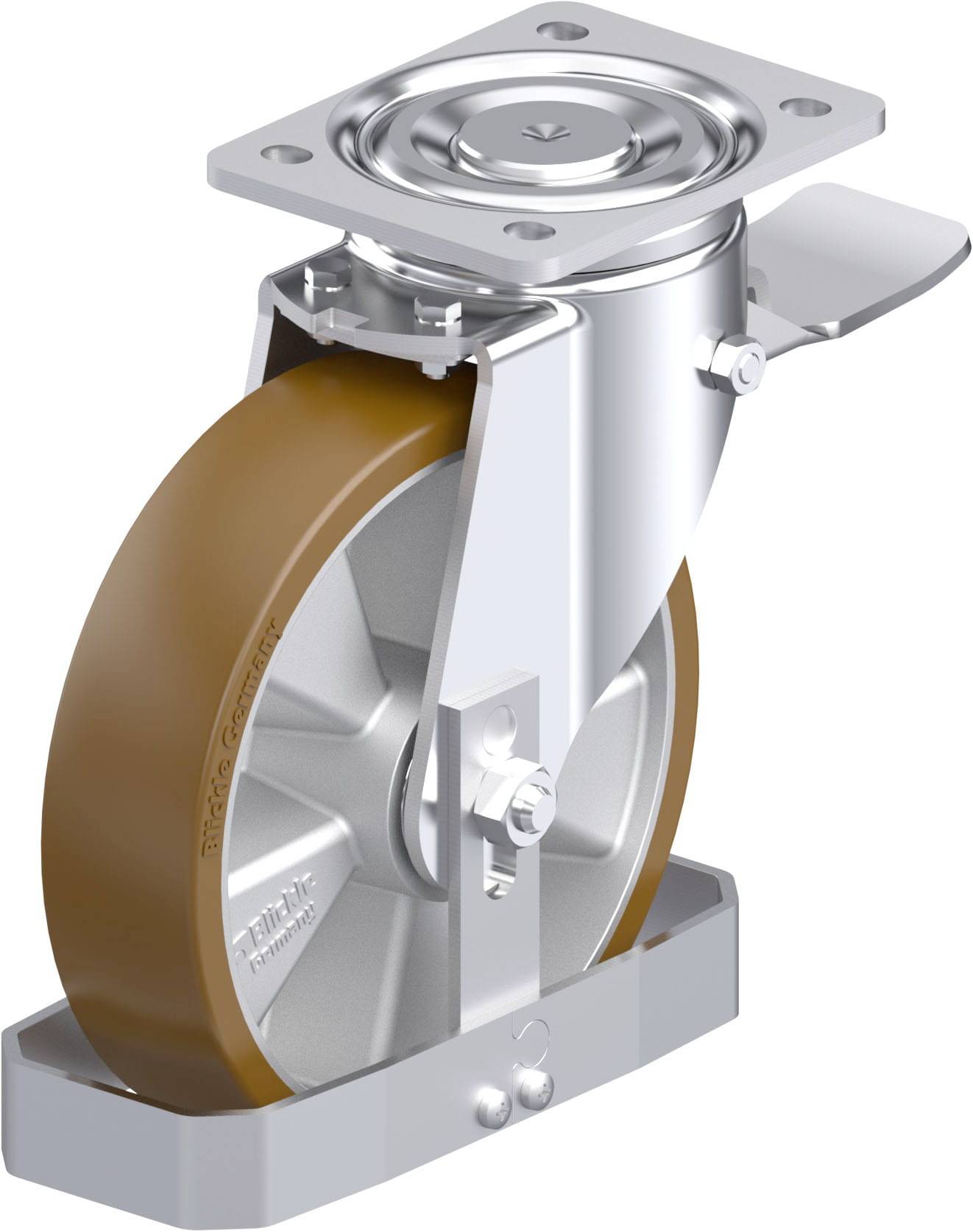 Ein Edelstahl-Rollenlager mit braunem Rad und silbernem Gehäuse, montiert auf einer rechteckigen Metallplatte.