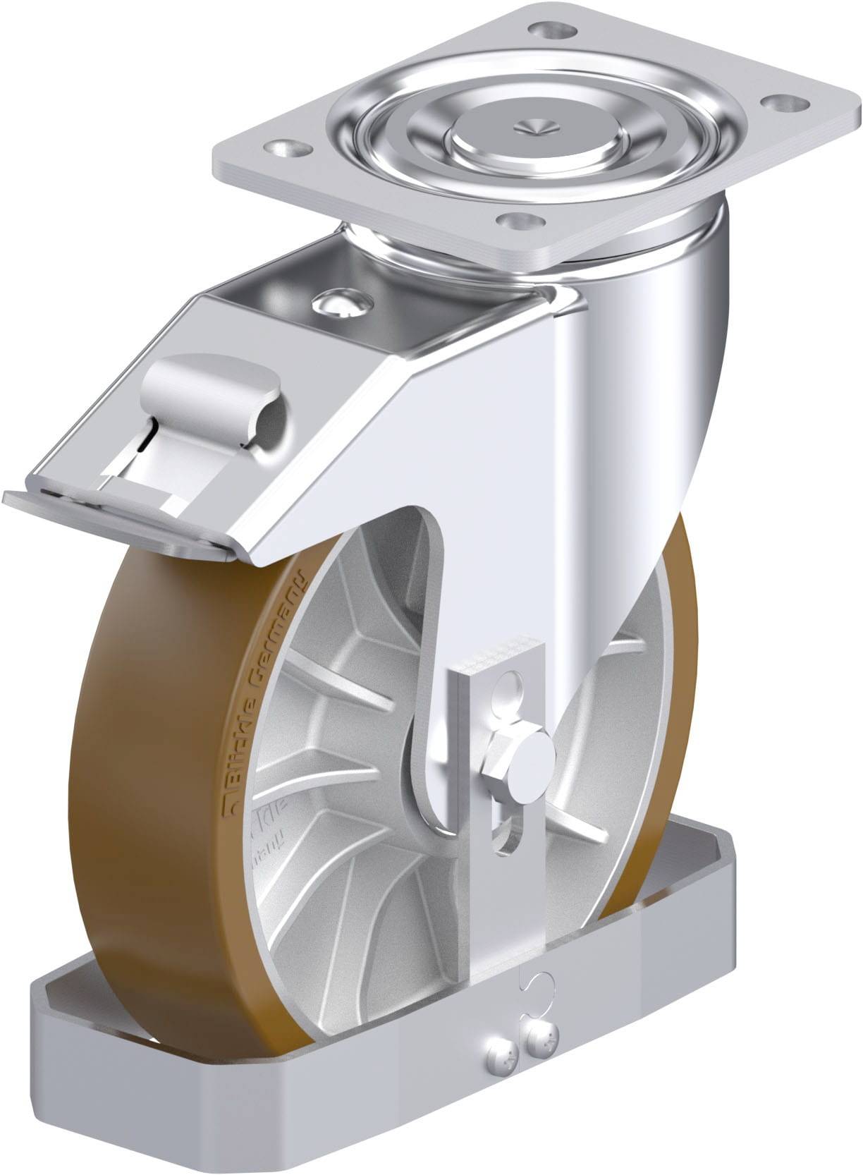 Industrie-Schwenkrolle mit Metallgehäuse und braunem Rad, montiert auf einer rechteckigen Platte mit Schraubenlöchern.