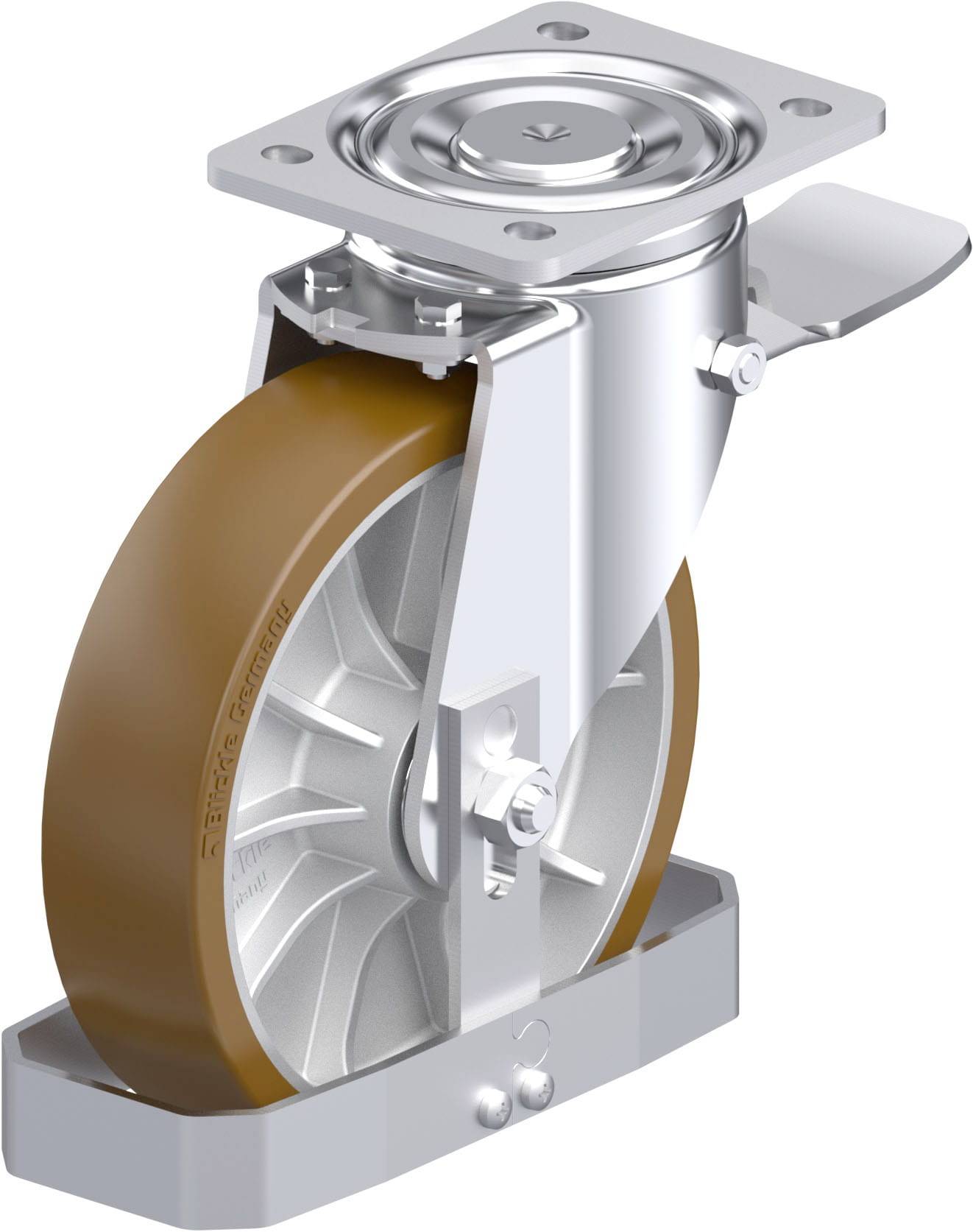 Industrie-Rollenrad aus Metall und Kunststoff, geeignet für schwere Lasten. Silbernes Gehäuse mit braunem Rad und Metallplatte.