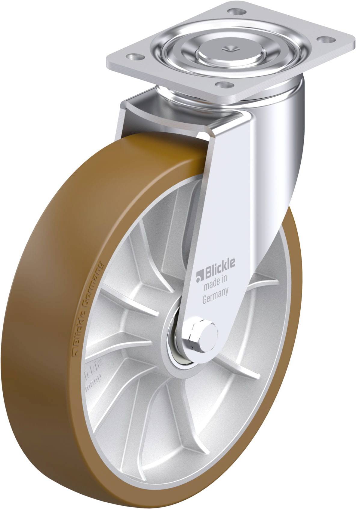 Stabile Lenkrolle aus Metall mit einem braunen Rad und drehbarer Halterung, darauf steht 'Blickle made in Germany'.