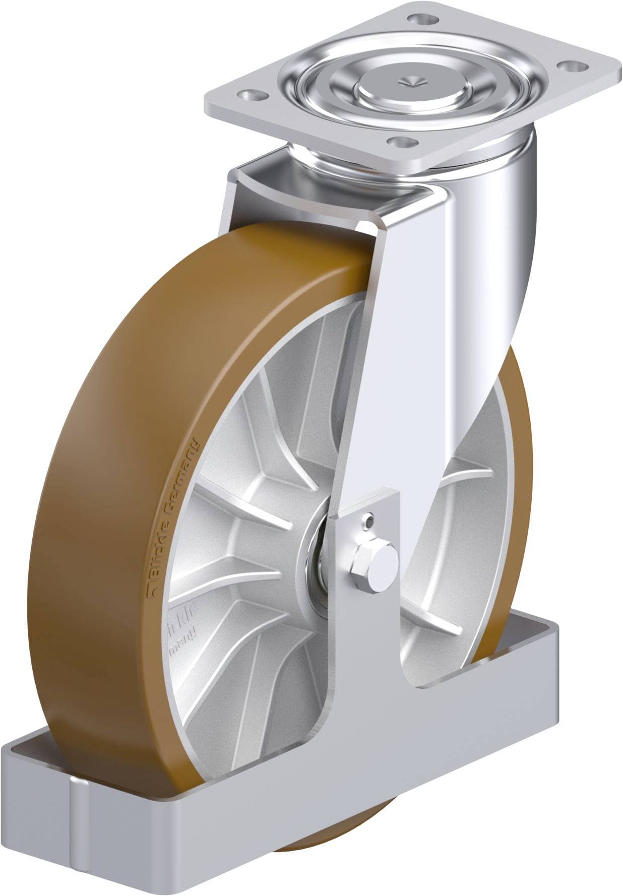 Eine robuste, drehbare Industrie-Lenkrolle mit einer braunen Gummibeschichtung und einer Metallschwenkhalterung.