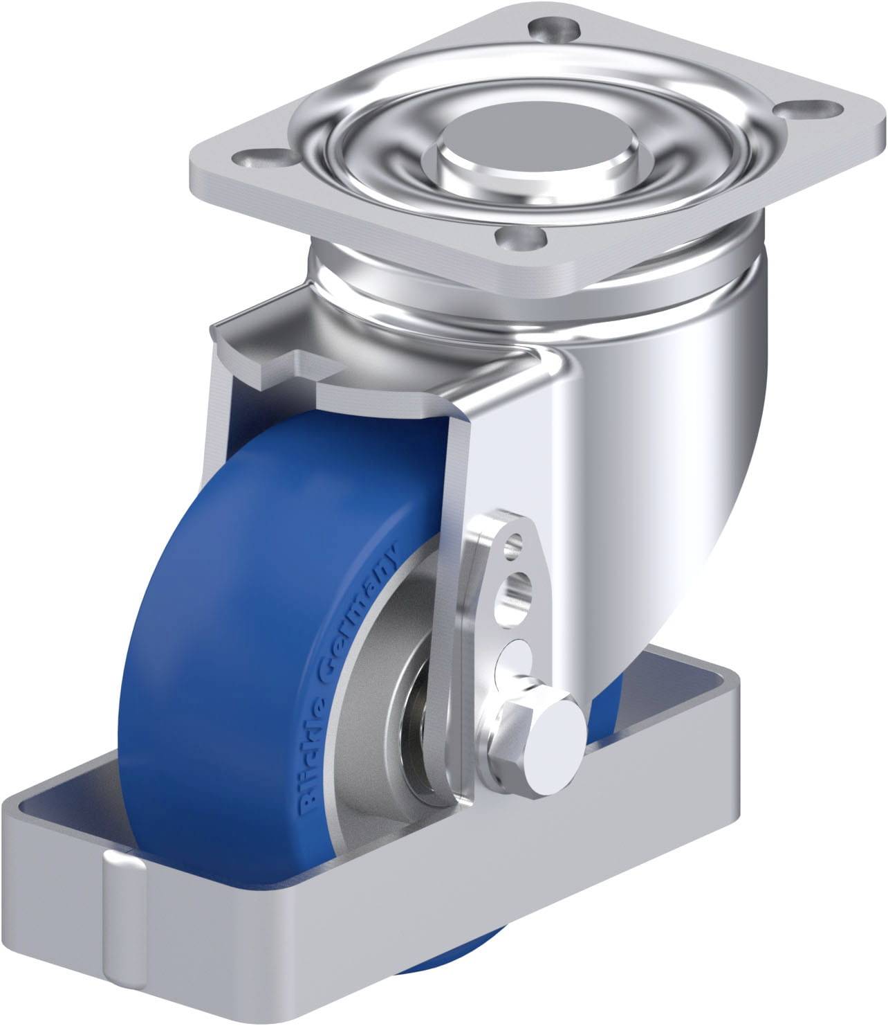 Schwenkrolle aus Metall mit blauer Gummilauffläche, montierbar mittels quadratischer Metallplatte. Geeignet für Transportgeräte.