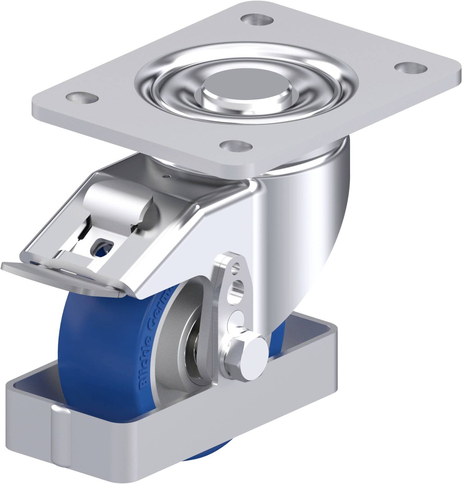 Industrie-Lenkrolle aus Metall mit blauer Kunststoffrad, befestigt an rechteckiger Metallplatte. Geeignet für Möbel- und Gerätebewegungen.