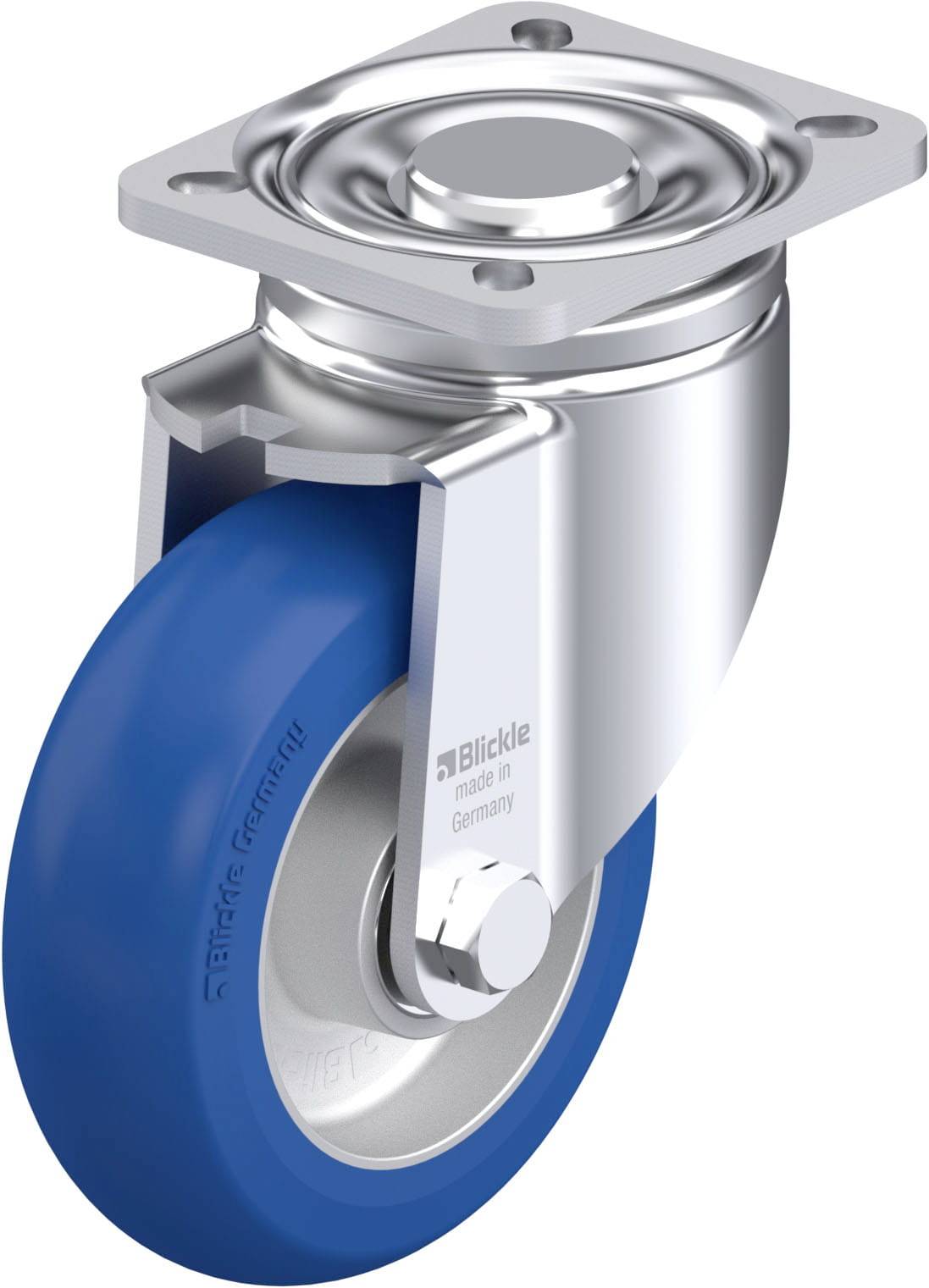 Eine blau-graue Rolle mit Metallhalterung und drehbarer Platte, geeignet für Möbel oder Transportgeräte.