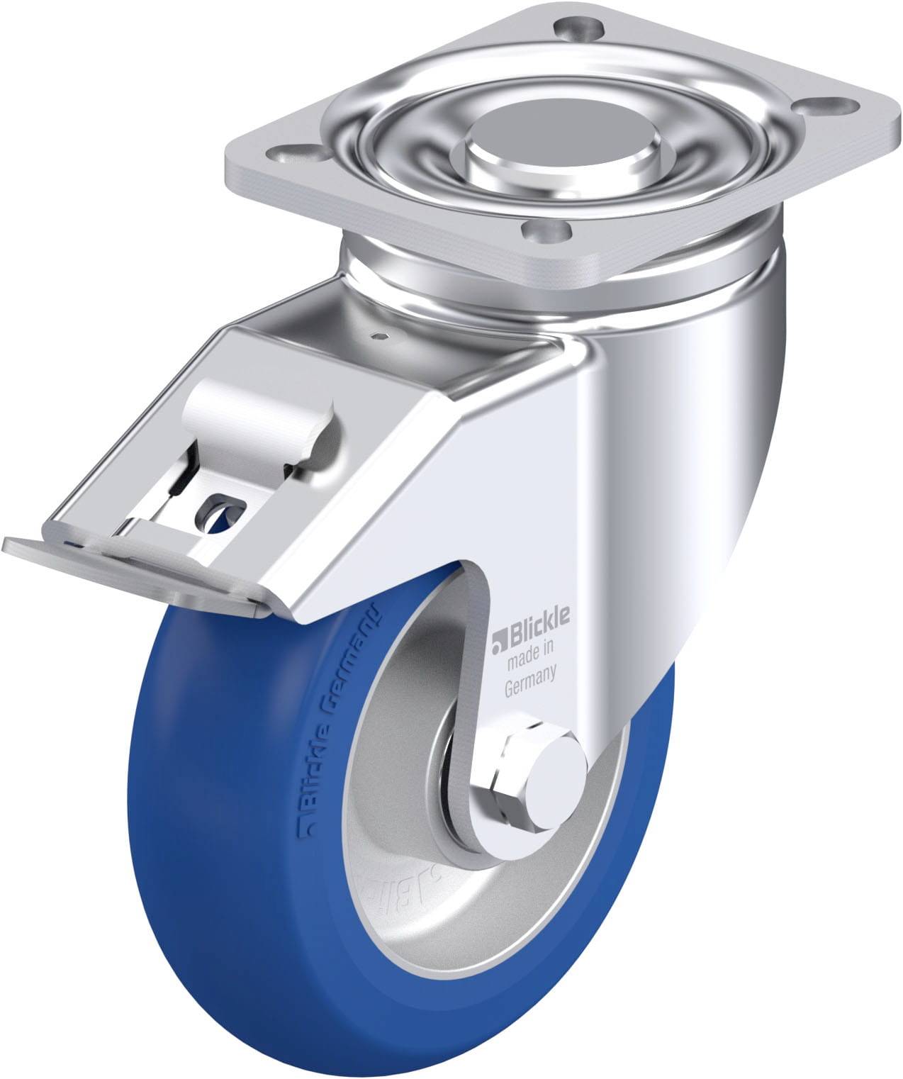Schwenkrolle mit blauer Gummilauffläche und Metallgehäuse für Transportgeräte, geeignet für einfachen, leisen Transport.