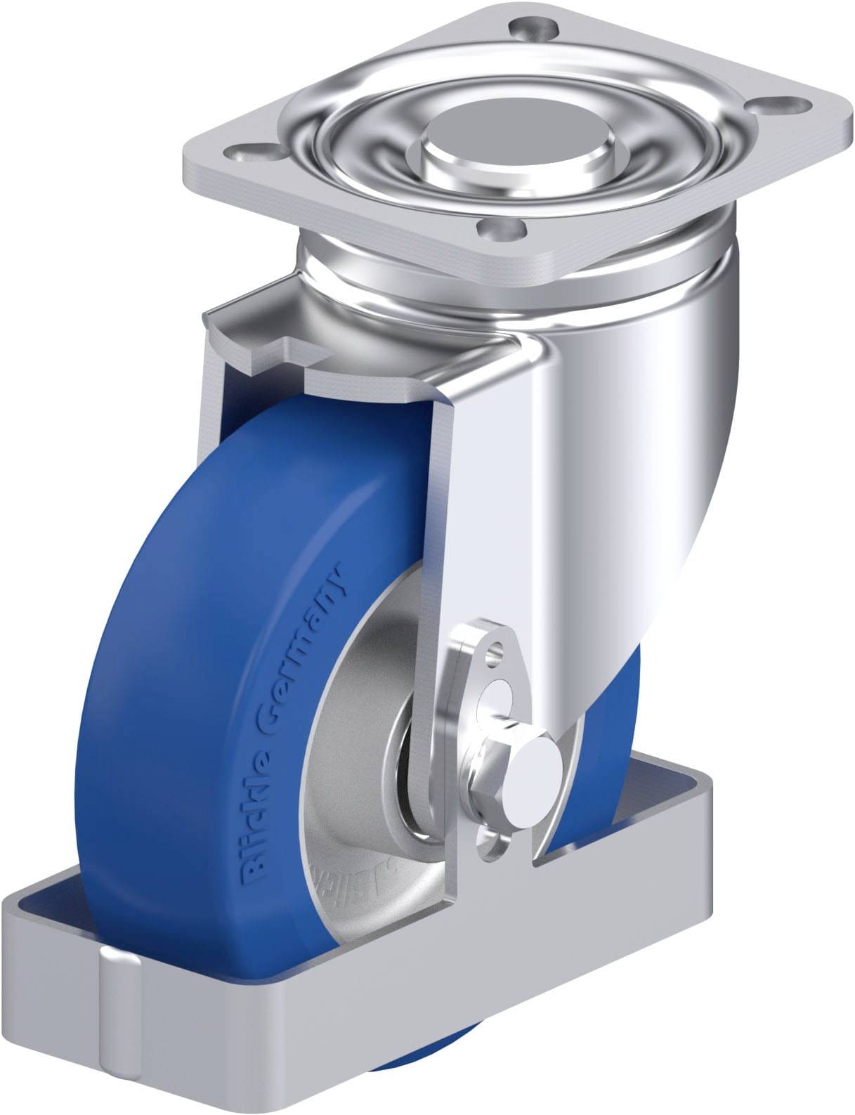 Industrierolle mit blauem Rad aus Gummi und silbernem Metallgehäuse, geeignet für schwere Lasten und vielseitige Montagemöglichkeiten.