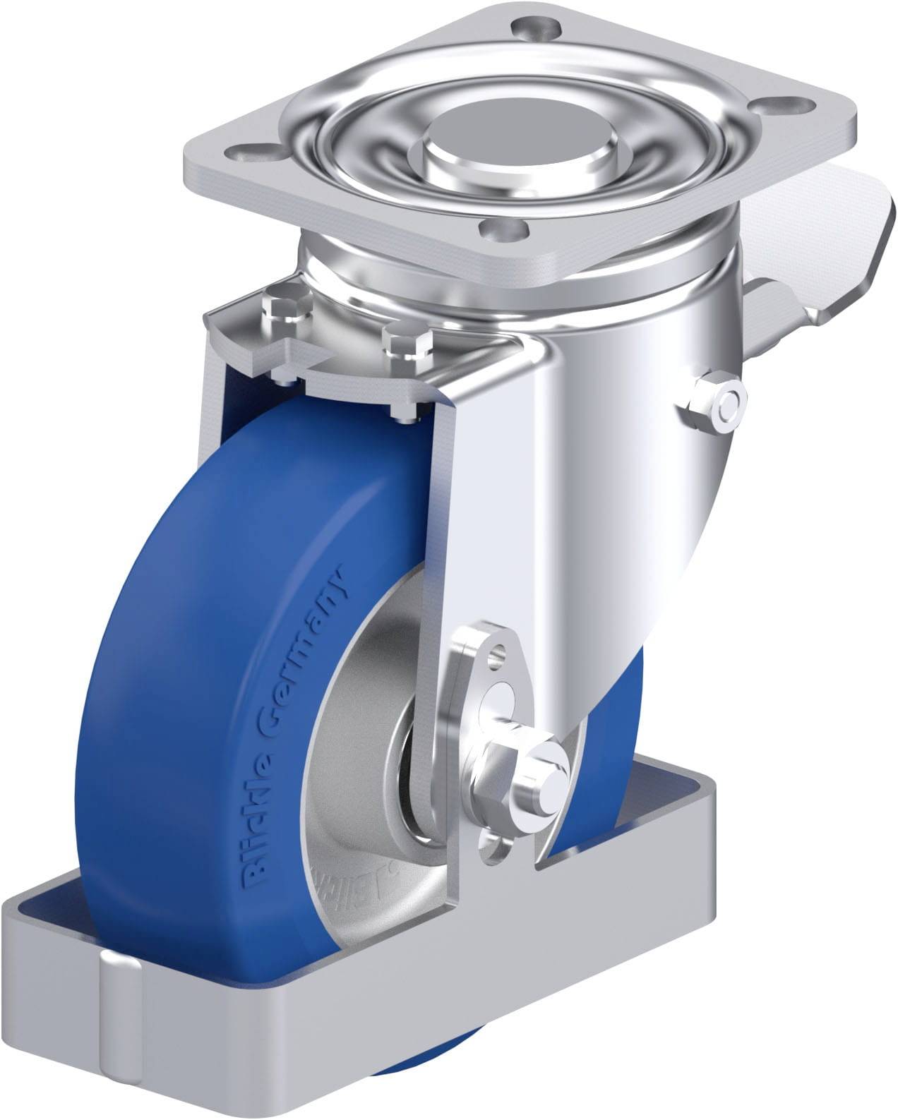 Schwenkrolle aus Metall mit blauer Gummibereifung, geeignet für den Einsatz an Industrieausrüstungen zur Verbesserung der Mobilität.