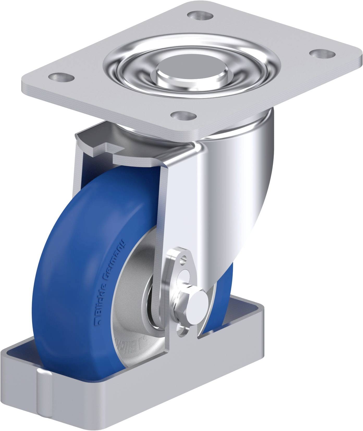 Metallrolle mit blauer Gummibereifung und rechteckiger Montageplatte; für Transport- oder Industriemaschinen geeignet.