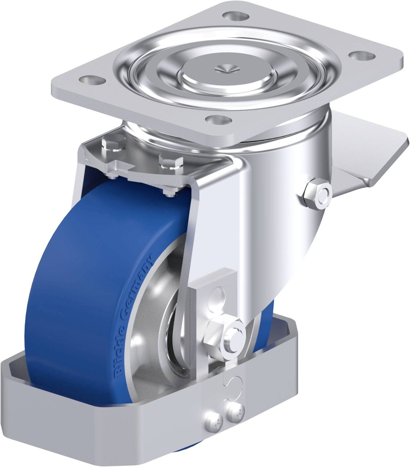 Ein Metall-Lenkrollen-Gehäuse zeigt eine blaue Gummiradkonstruktion mit Halterung, geeignet für schwere Lasten und industrielle Anwendungen.