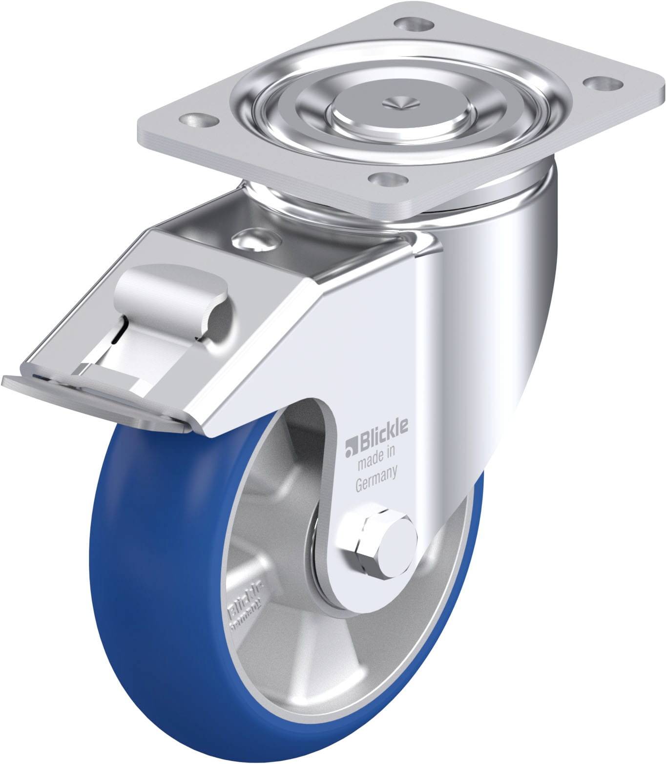 Industrie-Rolle mit blauer Gummibereifung und Metall-Gehäuse. Oben eine Montageplatte zur Befestigung an Geräten oder Möbeln.