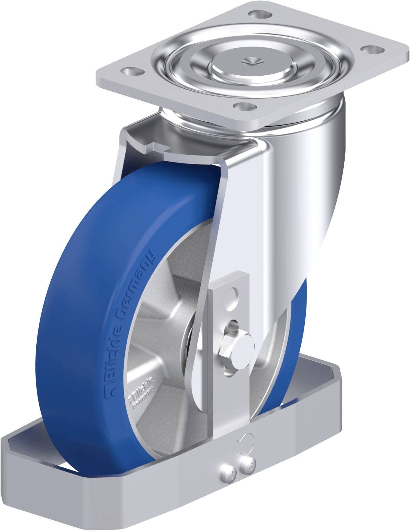 Blaues Lenkrolle mit Metallhalterung oben. Die Rolle ist für schwere Lasten geeignet und zeigt Details des Designs.