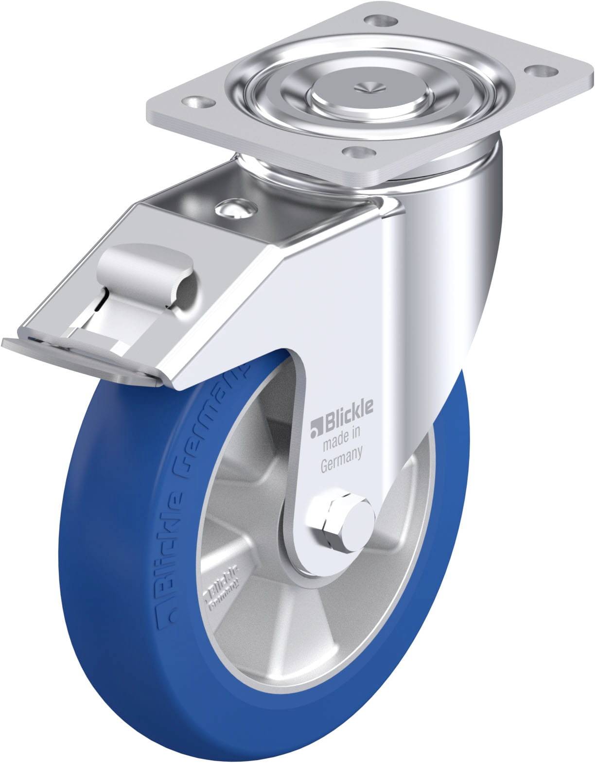 Lenkrolle aus Metall mit blauem Rad, geeignet für schwere Lasten.