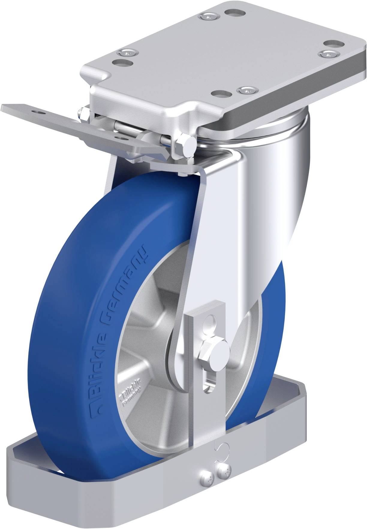 Ein industrielles Schwenk- und Laufrollenrad in Blau und Silber, für Maschinen oder Möbel geeignet.