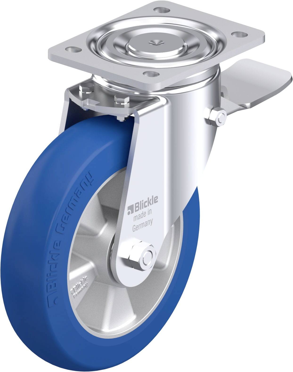 Industrie-Doppelrolle mit blauem Rad und silbernem Gehäuse, drehbare Halterung. Aufschrift der Marke ist auf der Radseite sichtbar.