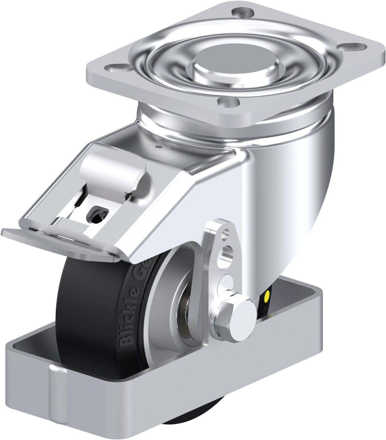 Metallisches Schwerlast-Lenkrollenrad mit Drehmechanismus, montierbarer Platte und schwarzem Gummirad, geeignet für industrielle Anwendungen.