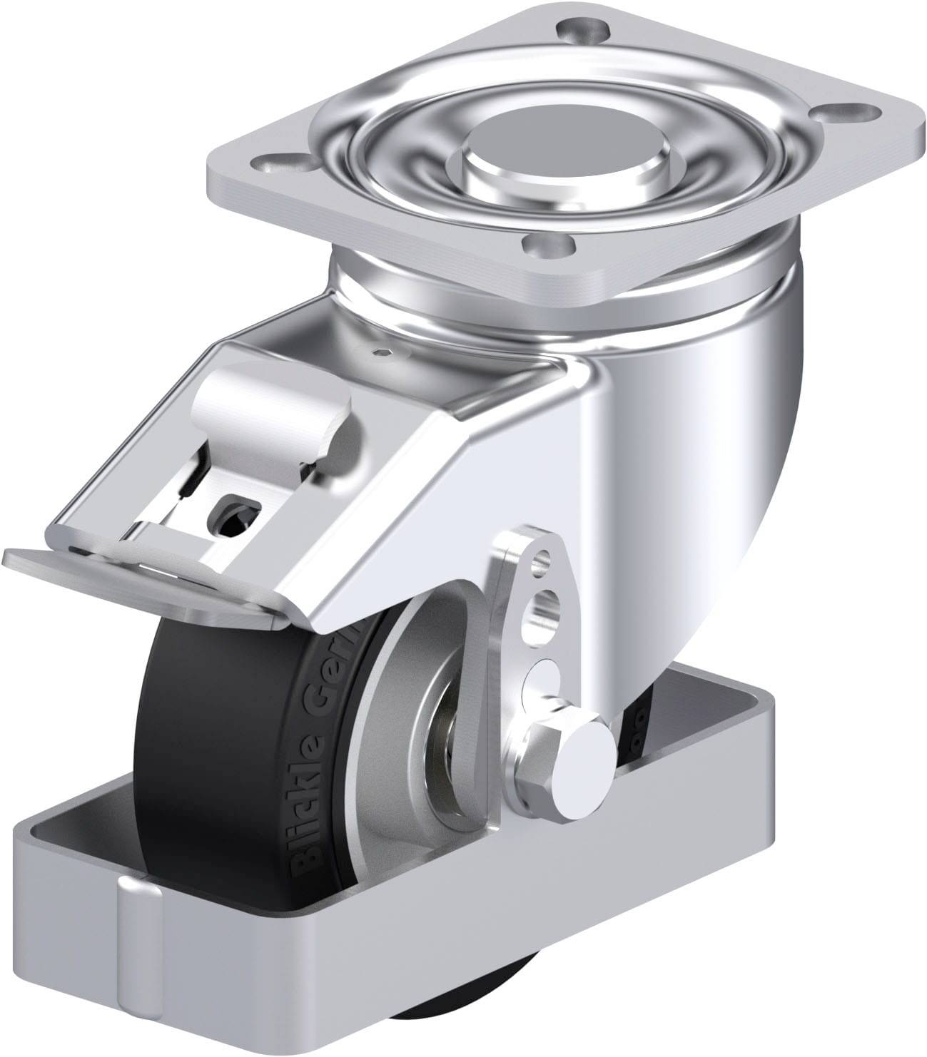 Ein silbernes Schwenkrollenrad mit schwarzem Reifen und Befestigungsplatte, oft verwendet für bewegliche Möbel oder Geräte.